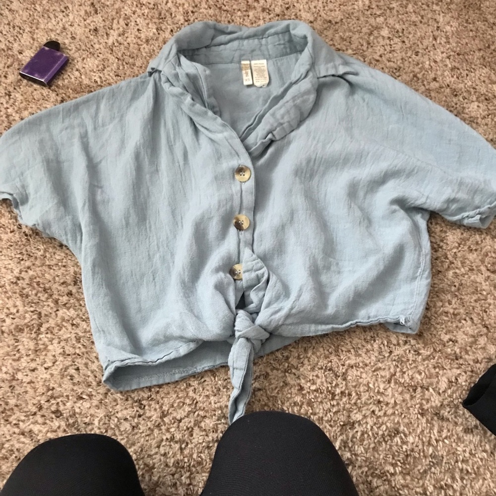 Blue button up crop top